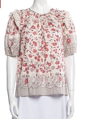Ulla Johnson Cream Blouse with Coral Floral Print and Ruffled Shoulders